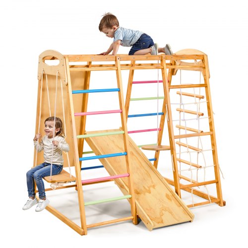 

VEVOR Indoor Spielplatz Klettergerüst (9 in 1) aus Holz, 113 kg belastbares Montessori-Kletterspielzeug-Set mit Schaukeln/Klettergerüst/Rutsche/Holzleiter/Strickleiter/Kletternetz/Fels/Stange/Seil