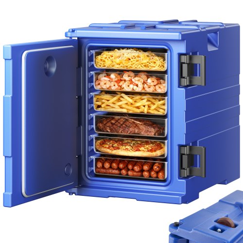 VEVOR Isolierter Speisenbehälterträger Warmhaltebox für Gastronomie 90 L, Speisenbehälter mit Doppelschnallen & Griffen, Speisenbehälterträger Lebensmitteltransportbox für Restaurant Kantine blau