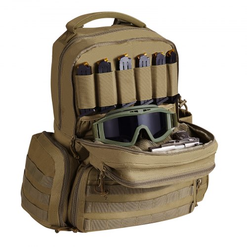 VEVOR Pistolentasche, Gewehrtasche, Pistolentaschen für 6 Pistolen, Pistolenrucksack mit 6 unabhängigen Pistolentaschen & 10 Magazinen, Pistolenrucksack für Outdoor-Jagd, Abschließbare Tasche, Braun