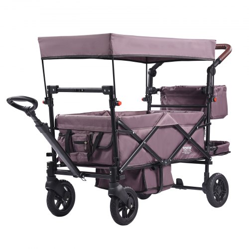 VEVOR Buggy für 2 Kinder, zusammenklappbarer Push-Pull-Kinderwagen mit verstellbarem Griff, umlaufendem Gurt, abnehmbarem Verdeck, 4 Rädern mit Bremsen, multifunktionaler Tandem-Kinderwagen für Camping, Dunkelviolett