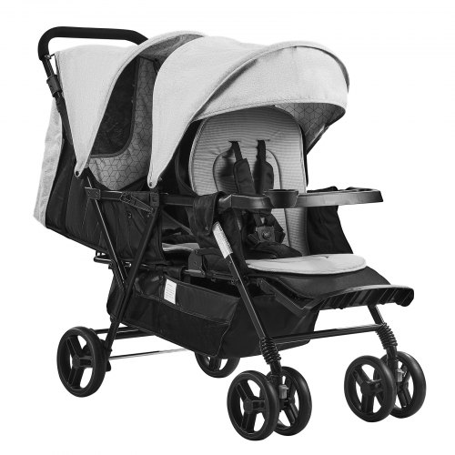 VEVOR Doppelkinderwagen, faltbarer, leichter Zwillingskinderwagen mit Tandemsitz, verstellbarer Rückenlehne/Fußstütze, Rundum-Sicherheitsgurt, Aufbewahrungskorb und Tablett, für Neugeborene und Kleinkinder (Hellgrau, Schwarz)