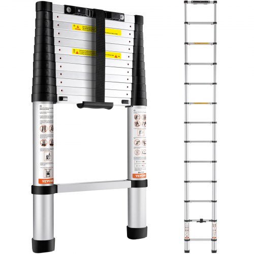 VEVOR 3,8M Teleskopleiter Rutschfester Klappleiter 49x9,5x82cm Stehleiter Ein-Knopf-Rückzug Mehrzweckleiter Aluminiumlegierung 170kg Belastbarkeit Geeignet für Hausreparaturen Dekoration Wandanstric