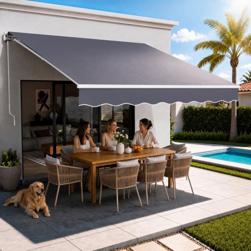 VEVOR Gelenkarmmarkise 3,5x3 m, Einziehbare Markise mit Handkurbel, Terrassenmarkise UPF 80+ Sonnenschutz, Sonnenmarkise, Balkonmarkise für Terrasse, Balkon, Garten & Fenster, Grau