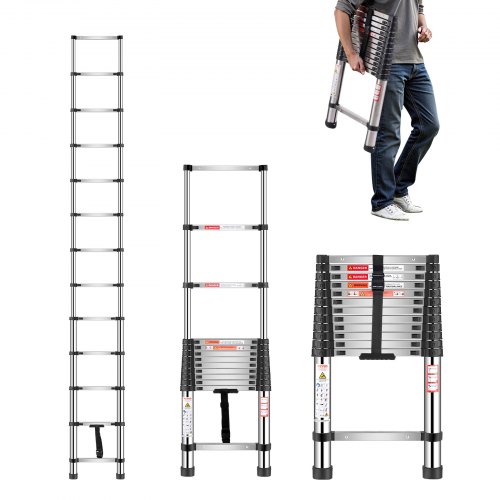 

VEVOR Teleskopleiter, 3740 mm lange, Ausziehleiter aus Edelstahl, Klappleiter mit Tragkraft von 150 kg (75°) und rutschfeste Füße, tragbare 13-Stufen-Leiter für Zuhause, Wohnmobil, Dachboden