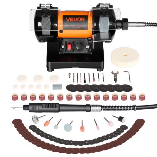 

VEVOR Doppelschleifer 8300–10600 U/min Einstellbar, Doppelschleifmaschine mit Schleif-, Faser- & Wollscheiben, 100-tlg. Zubehörset, Schleifbock für Schmuck, Holz, Metall, Rohstein, Jade (DIY)