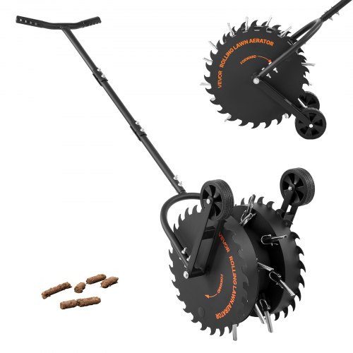 VEVOR Rasenlüfter Walze Manuell, Aerifizierer für Rasen mit 5 cm Arbeitstiefe 2 Rollen & 16 Eisenspikes, Rasenbelüfter aus Stahl, Rasenrolle für Verdichtete Böden, Rasenpflege für Hof Garten, Schwarz
