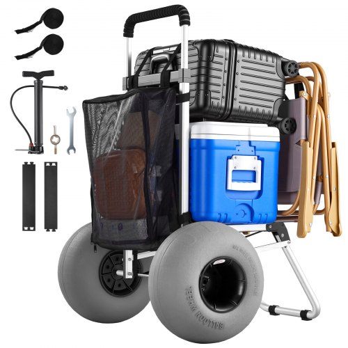 VEVOR Strandwagen mit Ballonreifen (12 Zoll), Faltbarer Strandtrolley (Aluminiumrahmen) mit 4-stufig Einstellbarem Schaumstoffgriff, Handwagen (75 kg Belastbar), Strandkarre für Camping und Angeln