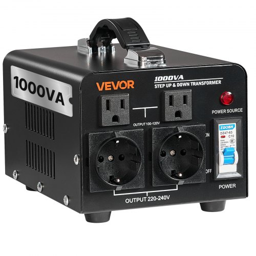 

VEVOR Spannungswandler-Transformator, 1000 VA, Aufwärts-/Abwärts-Leistungstransformator, Konvertierung von 110 V auf 220 V & von 220 V auf 110 V, mit US-& EU-Steckdosen, Netzkabel, Schutzschalter