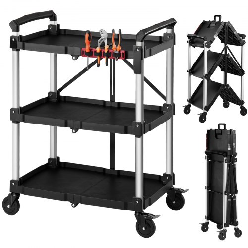 VEVOR Servicewagen Werkstattwagen aus ABS Klappbar 790x500x1050mm Schwarz, Rollwagen mit 136kg Tragkraft, Inkl. 3 Ebene 4 Rollen & Handgriffen, Feststellbar, Allzweckwagen für Garage Lager Werkstatt