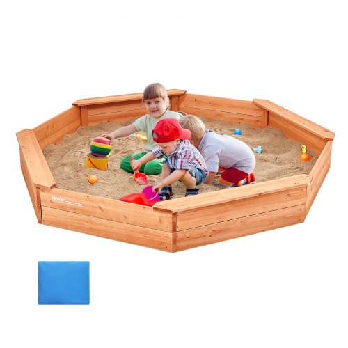 VEVOR Holzsandkasten mit Abdeckung, achteckiger Sandkasten, Sandgrube mit 4 Sitzplätzen & Bodenauskleidung, Kindersandkasten für den Garten, Geschenk für Jungen & Mädchen im Alter von 3-12 Jahren