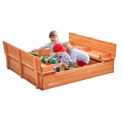 VEVOR Sandkasten aus Holz, 132 x 120 x 43 cm, Sandkasten mit klappbaren Sitzbänken und Bodeneinlage, Sandkasten aus Naturholz für Kinder für den Garten, Strand, Park, Geschenk für Jungen und Mädchen im Alter von 3–12 Jahren