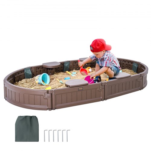 VEVOR Sandkasten mit Abdeckung, 183 x 105 x 23 cm, ovaler Sandkasten, HDPE-Sandgrube mit 4 Ecksitzen und Bodenauskleidung, Kindersandkasten für Garten, Strand, Park, Geschenk für Jungen und Mädchen im Alter von 3-12 Jahren, braun