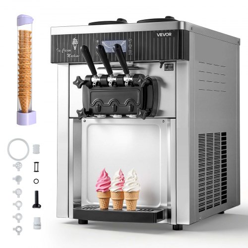 VEVOR Gewerbliche Eismaschine 20-28 L/h Leistung, Softeismaschine 2200 W lmit 2 x Behältern (6 L), Vorkühlung, Selbstreinigung und LED-Display, Tischgerät für Snackbars, Dessertläden und Cafés, Silber