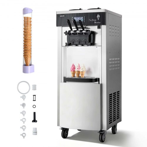 VEVOR Kommerzielle Softeismaschine 2200 W, Freistehende Eismaschine mit 20-28 L/h Produktion, mit 3 Geschmacksrichtungen & 2 Behältern (6 L), Vorkühlung & Selbstreinigung für Snack- und Dessertläden