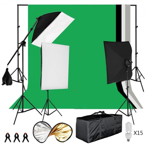 

VEVOR Studio-Beleuchtungsset mit 1,6 x 3 m Tretlager mit weiß-schwarz-grünem Hintergrund und 4 x 45 W Softbox-Regenschirm-Kit für Fotostudio, Softbox Professionelle Studio-Lichtsätze E 27 Lampensockel