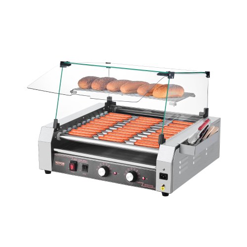 VEVOR Hot Dog Grill Maschine Hot dogs 11 Rollen Edelstahl, 2200 W, Elektrogrill mit Abdeckung & 2 Temperaturregler & seitlicher Aufbewahrungsbox & herausnehmbarem Regal & Ölauffangschale