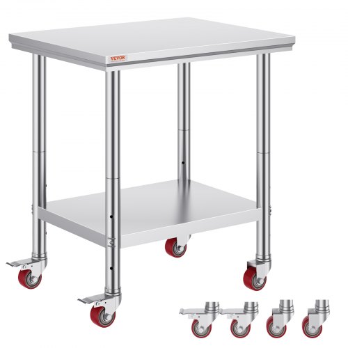 VEVOR Arbeitsplatte 76 x 60 x 85 cm, Gastronomie-Arbeitsplatte aus Edelstahl, Essenszubereitungstisch auf Rollen, Küchenbar, gewerbliche Arbeitsplatte, 4 verstellbare Füße