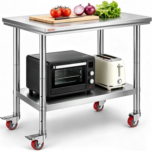 VEVOR Arbeitstisch 91 x 60 x 85 cm Edelstahl Catering Arbeitstisch Belastbarkeit 136,08 kg, Lebensmittel Zubereitungstisch mit Nachlauf Gewerbliche Arbeitstisch für Küche Bar 4 verstellbare Füße