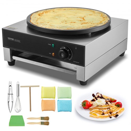VEVOR elektrischer Crepemaker Crepe-Maschine 3000 W flache Crepe-Grillplatte 40 cm, antihaftbeschichteter fannkuchenherd aus Edelstahl, runder Cerealien-Pfannkuchenherd, Temperaturregelung