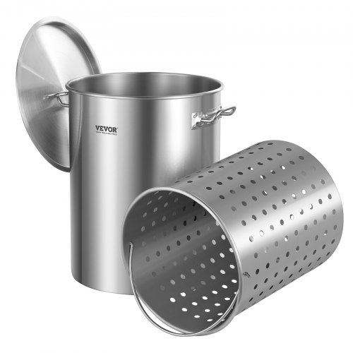 VEVOR Suppentopf Edelstahl 34 L Kochtöpfe Großraumtopf, Kochgeschirr-Saucentopf mit Korb & Deckel & Griff, Suppentopf in Handelsqualität, Schleifbehandlung, zum Dämpfen, Kochen oder Braten, Silber