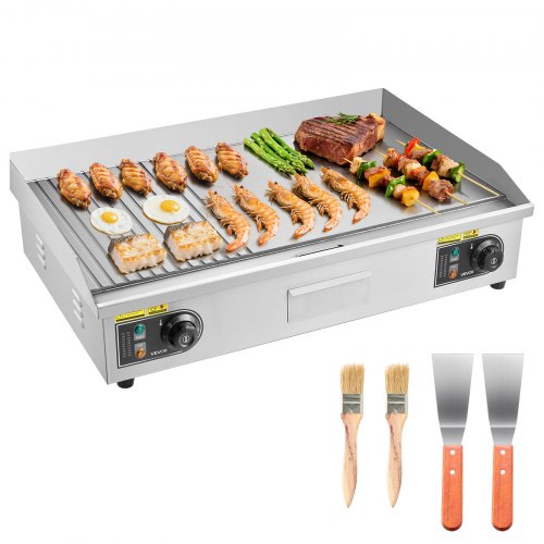 VEVOR Gewerbliche Elektrische Grillplatte 4400 W, Tischgrillplatte 725x400 mm Grillfläche, 50–300 °C, Elektrogrill, halb Gerillt, halb Glatt, mit 2 Spateln und 2 Bürsten, für Steaks BBQ, Ohne Stecker