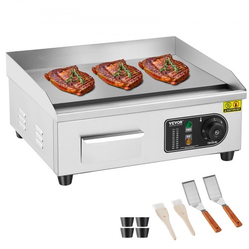 VEVOR Kommerzieller elektrischer Grill, 2800 W, flache Grillplatte für die Arbeitsplatte, einstellbare Temperatur von 50-300 °C, 45 x 30 x 1 cm, Grillplatte aus Edelstahl mit 2 Schaufeln und 2 Bürsten für Zuhause oder das Restaurant