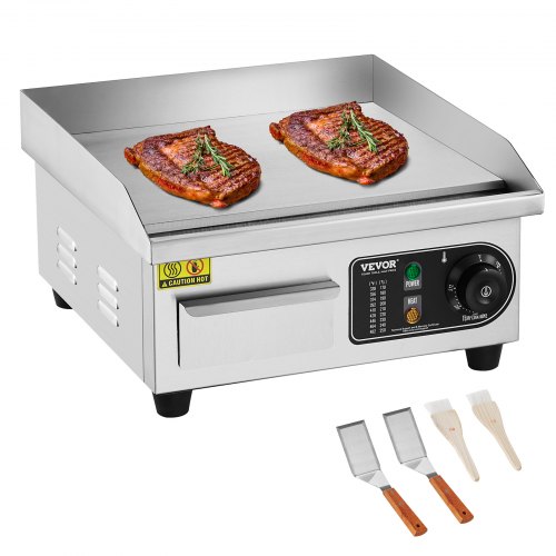 

VEVOR Kommerzieller elektrischer Grill, 2000 W, flache Grillplatte für die Arbeitsplatte, einstellbare Temperatur von 50–300 °C, 36 x 30 x 1 cm, Edelstahl-Grillplatte mit 2 Schaufeln und 2 Bürsten für Zuhause oder das Restaurant
