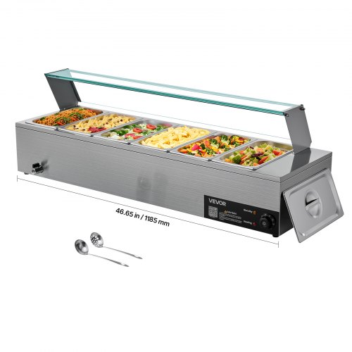 VEVOR Kommerzieller Speisenwärmer 6 x 1/3 Größe Behälter 1,5kW Glasabdeckung