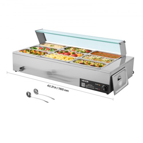VEVOR kommerzieller Speisenwärmer (9 x 1/3 Größe Behälter), 1,5 kW elektrischer Wärmebehälter aus Edelstahl mit Glasabdeckung & Suppenkelle, Chafing Dishes für Catering Restaurant Party