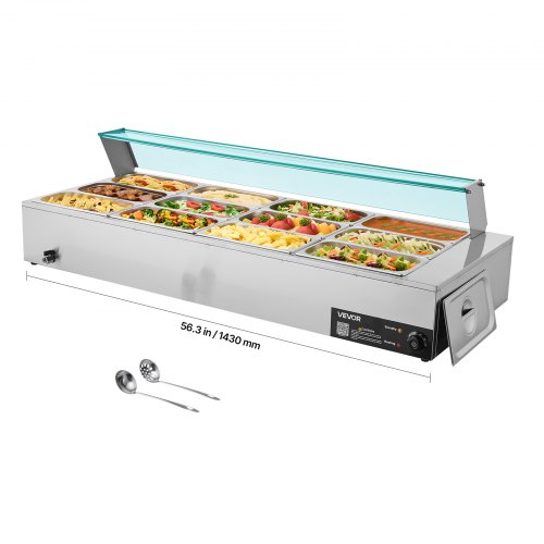 

VEVOR kommerzieller Speisenwärmer (12 x 1/3 Größe Behälter), 1,7 kW elektrischer Wärmebehälter aus Edelstahl mit Glasabdeckung & Suppenkelle, Chafing Dishes für Catering Restaurant Party