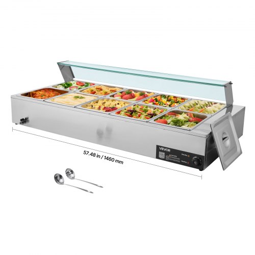VEVOR kommerzieller Speisenwärmer (10 x 1/2 Größe Behälter), 1,7 kW elektrischer Wärmebehälter aus Edelstahl mit Glasabdeckung & Suppenkelle, Chafing Dishes für Catering Restaurant Party