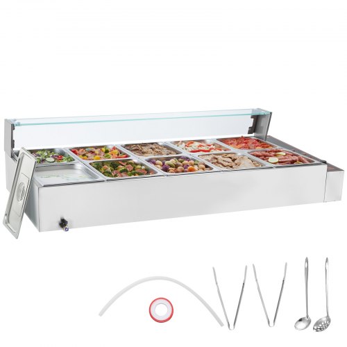 

VEVOR Speisenwärmer Chafing Dish Gastronormbehälter 10x8Qt Glasschild 1700W