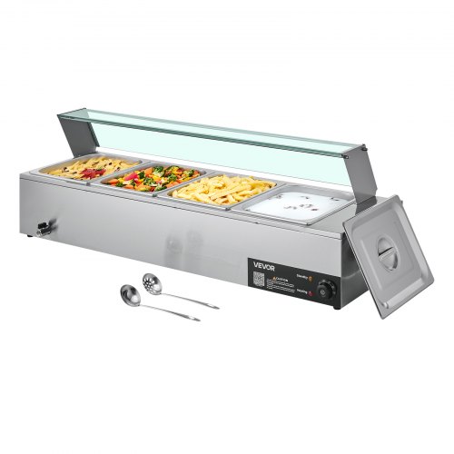 VEVOR kommerzieller Speisenwärmer (4 x 1/2 Größe Behälter), 1,5 kW elektrischer Wärmebehälter aus Edelstahl mit Glasabdeckung & Suppenkelle, Chafing Dishes Set für Catering Restaurant Party