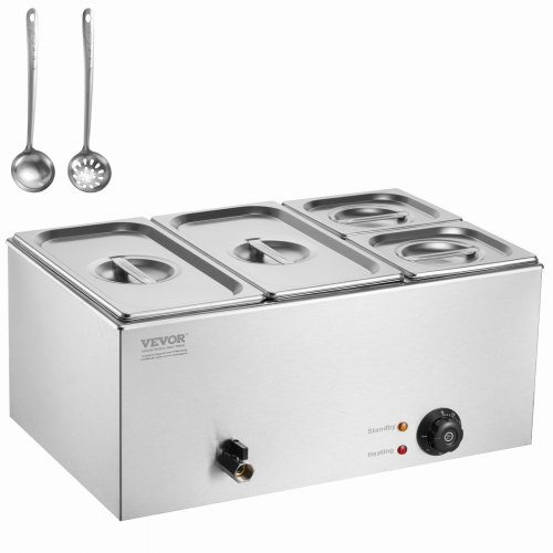 VEVOR kommerzieller Speisenwärmer 15,5 L Speisebehälter 2 x 1/3 + 2 x 1/6 Größe, elektrische Warmhalteplatte, 1200 W Arbeitsplatte aus Edelstahl, Buffet-Bain-Marie, 30–85 °C Temperaturregelung