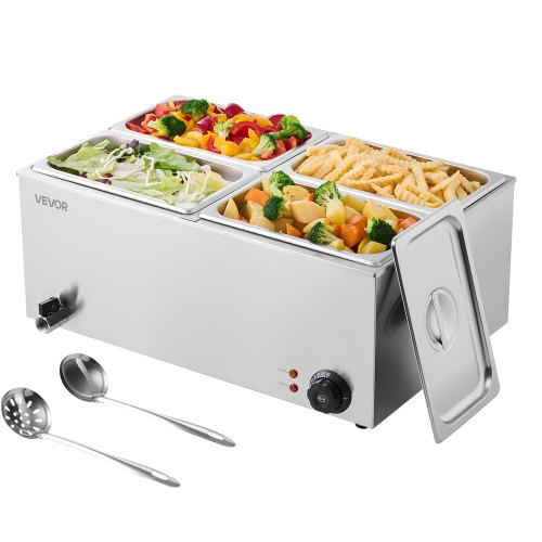 

VEVOR kommerzieller Speisenwärmer, elektrischer Dampftisch mit 4 Behältern (1/4-Größe) 1200 W, Buffet-Wasserbad aus Edelstahl mit Temperaturregelung von 30–80 °C für Catering Buffets Partys