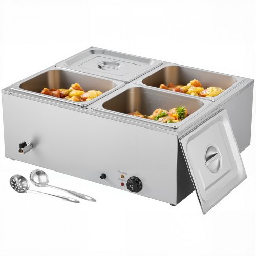VEVOR kommerzieller Speisenwärmer (4 x 1/2 Größe Behälter), 1,5 kW elektrischer Wärmebehälter aus Edelstahl mit Abdeckung & Suppenkelle, Chafing Dishes für Catering Restaurant Party