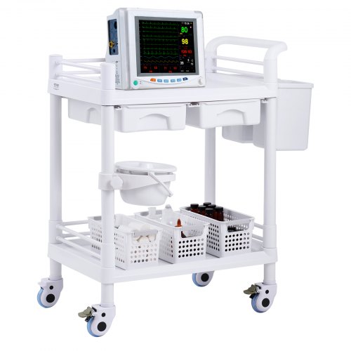 VEVOR Laborwagen mit 2 Ebenen, Laborwagen mit 2 Ablagen, 2 Schubladen und 4 leisen Rädern, mobiler medizinischer Wagen aus PP-Material, Laborrollwagen mit 3 Mülleimern für Labor, Klinik, Krankenhaus, Salon, weiß