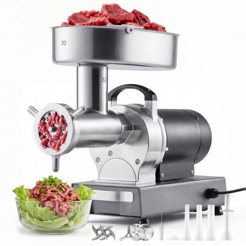 VEVOR Fleischwolf, 9,5 kg/min Kapazität, #32 Elektrischer Fleischwolf mit 3 Lochscheiben, Wurstaufsatz, 1100 W, 2-in-1 Küchenmaschine aus Edelstahl für Küchen & Restaurants