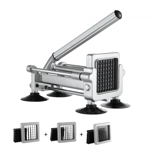 

VEVOR Pommes-Frites-Schneider, Kartoffelschneider mit 1/2 & 3/8 & 1/4 Zoll Edelstahlklingen, Kartoffelzerkleinerer mit Saugnäpfen & silberfarbenem Griff, ideal für Kartoffeln Gemüse Gurken Karotten