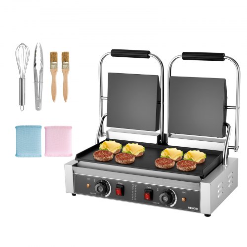 VEVOR kommerzieller Kontaktgrill 3600 W Elektrogrill Sandwichmaker (Doppelbackplatten) Panini Presse aus Edelstahl mit Temperaturregelung, 48 x 23 cm flache Emailleplatte, für Hamburger Steak Speck