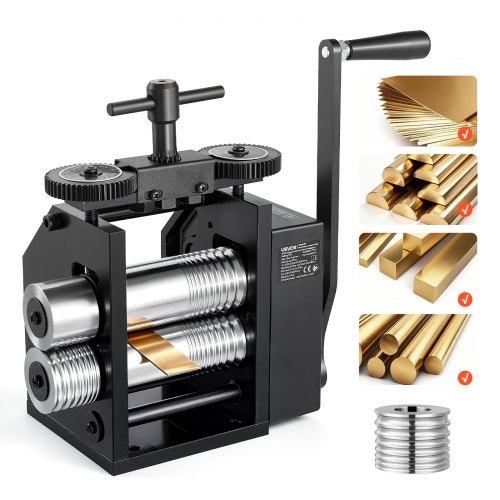 VEVOR Handwalzwerk 60 mm 4-in-1 Schmuckwalzwerk Rund Flach Vierkant Halbrund, Manuelles Schmuckwerkzeug für DIY-Schmuckhersteller, Einstellbare Dicke 0,03–7 mm, für Duktile Metalle Gold Silber Kupfer Alu