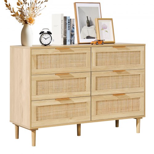 VEVOR Rattankommode Schubladenschrank mit 6 Schubladen natürlicher Schrank zur Organisation & Aufbewahrung, Kommode mit stabilen Griffen & Beinen für Wohnzimmer Schlafzimmer Flur Diele Holzfarbeolzkommode, Kleider-Organizer und -Aufbewahrung, Boho-Kommode mit stabilen Griffen und Beinen, für Schlafzimmer, Wohnzimmer und Flur