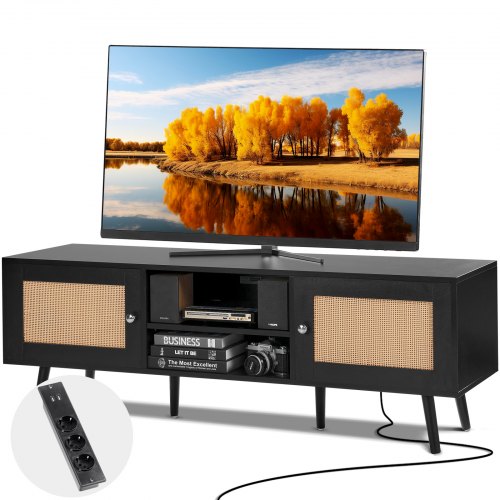 

VEVOR Rattan-TV-Ständer für 165 cm Fernseher, Boho-TV-Ständer mit Rattantür, Fernsehschrank mit eingebauter Steckdose und USB-Anschlüssen, moderne TV-Konsole für Wohnzimmer, Medienraum, schwarz