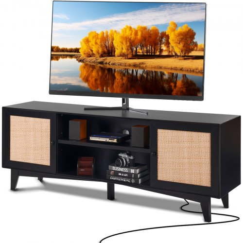 VEVOR Rattan-TV-Ständer für 191 cm Fernseher, Boho-TV-Ständer mit Rattantür, Fernsehschrank mit eingebauter Steckdose, Lagerschrank mit 2 Regalen, moderne TV-Konsole für Wohnzimmer, Schwarz