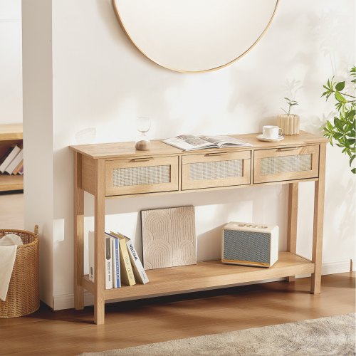 VEVOR Rattan-Konsolentisch mit 3 Schubladen, Rattan-Eingangstisch mit natürlicher Rattan-Schiebetür, Konsolen-Sofatisch für Wohnzimmer, Arbeitszimmer, Eingangsbereich oder Fernsehwand, Natur