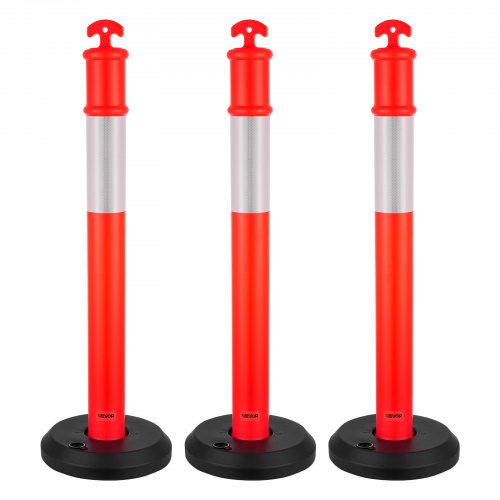 VEVOR Verkehrsleitpfosten Leitpfosten 3 Stk. (114 cm) mit befüllbarem Sockel & Reflektorstreifen, Warnpfosten für Baustellen, Parkplätze, Absperrpfosten zur Steuerung von Menschenmengen, rot
