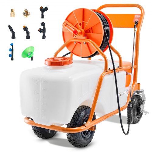 VEVOR Rasensprüher mit Rädern, einstellbarer Druck 0–90 PSI, Sprühgerät mit 60-L-Tank, mit 8 Düsen, 2 Zauberstäben, breiter Öffnungsdeckel für Garten, Jäten, Sprühen