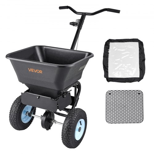 VEVOR Streuwagen, 45 kg Fassungsvermögen, Düngerstreuer, 0-3 m Streubreite, Schleuderstreuwagen mit 33 cm Luftreifen, Saatgutstreuer mit Einfülltrichter, als Aussaathilfe oder Düngerwagen