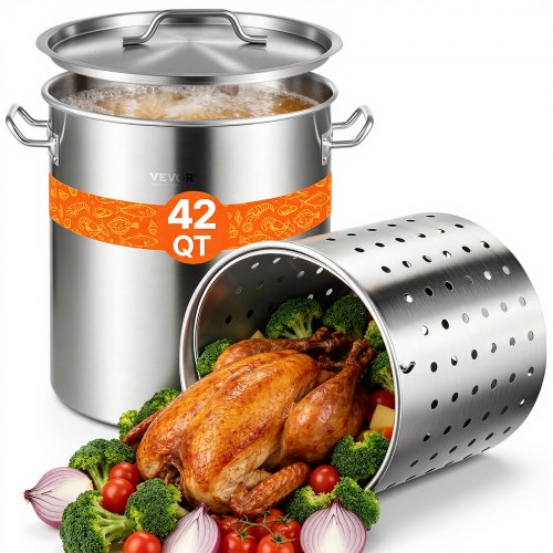 VEVOR Kochtopf 39,7 L Edelstahl, 350 x 410 mm Großvolumiger Suppentopf mit Sieb, als Spargeltopf Soßentopf Geeignet, Praktischer Küchentopf Große Zutaten