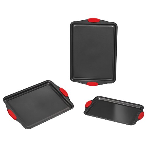 VEVOR Backformen-Set 3-teilig antihaftbeschichtete Kochgeschirrplatten und -bleche aus Karbonstahl, Backgeschirr-Kochsets für den Küchenofen mit Silikongriffen, für Keksen Kuchen Muffins Brot